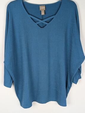 Chico's Size 3, XL Teal Blue Crisscross Neckline Batwing Sleeve Knit Sweater Top